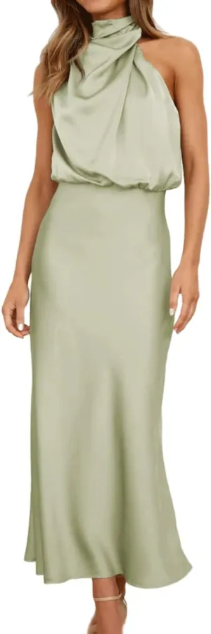 BZSFW Women's 2024 Summer Satin Dress Elegant Sleeveless Mock Neck Cocktail Party Maxi Dresses