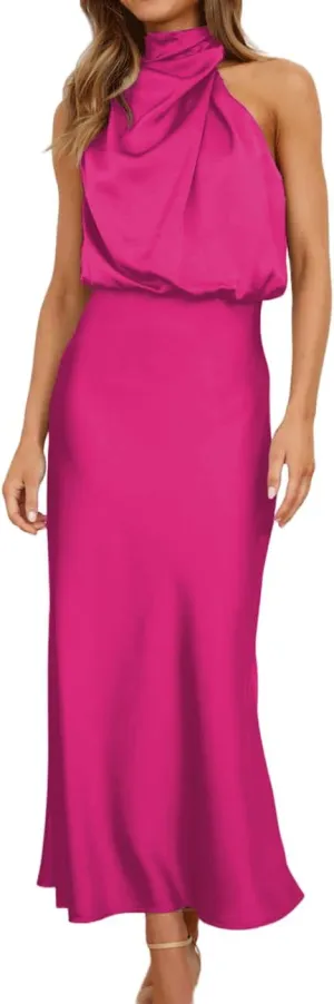 BZSFW Women's 2024 Summer Satin Dress Elegant Sleeveless Mock Neck Cocktail Party Maxi Dresses