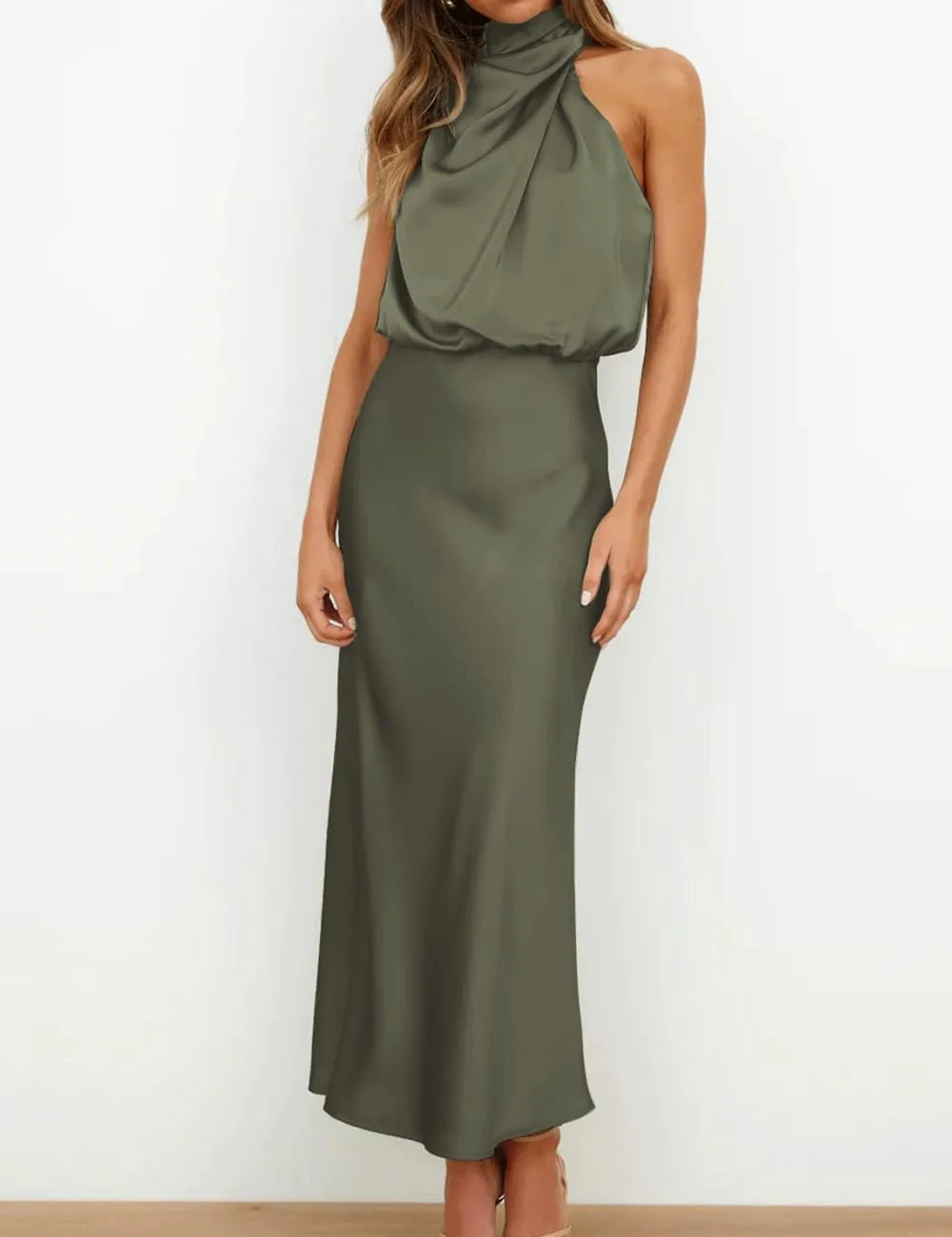 BZSFW Women's 2024 Summer Satin Dress Elegant Sleeveless Mock Neck Cocktail Party Maxi Dresses