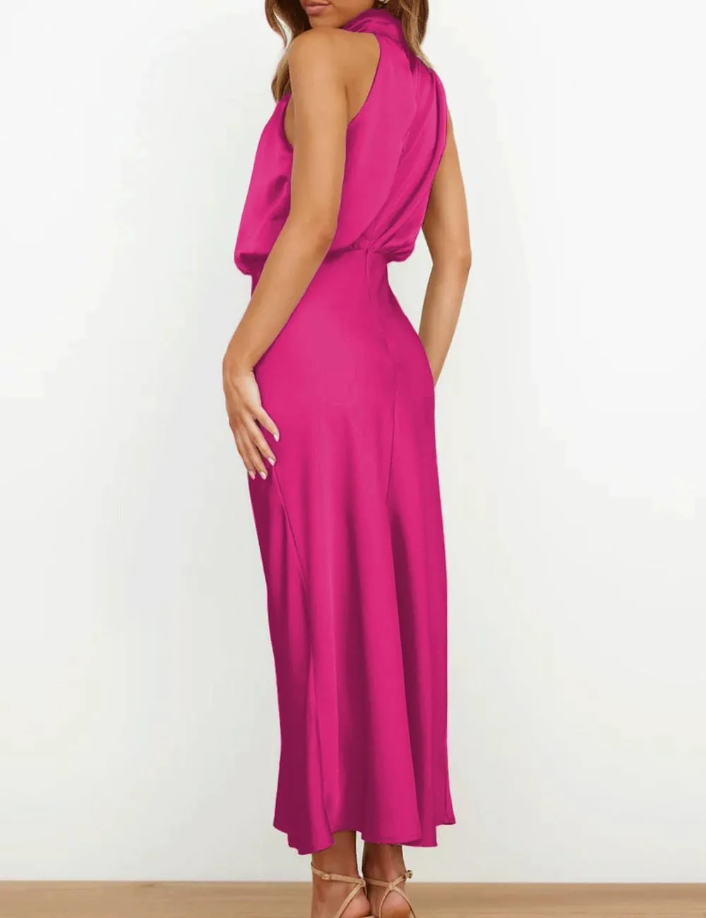 BZSFW Women's 2024 Summer Satin Dress Elegant Sleeveless Mock Neck Cocktail Party Maxi Dresses