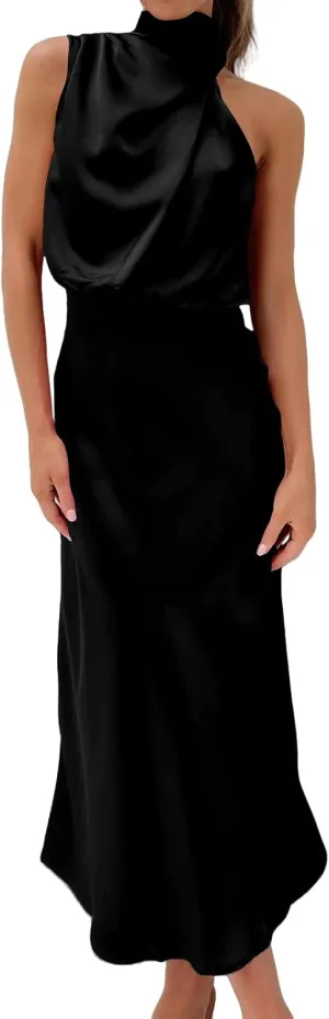 BZSFW Women's 2024 Summer Satin Dress Elegant Sleeveless Mock Neck Cocktail Party Maxi Dresses