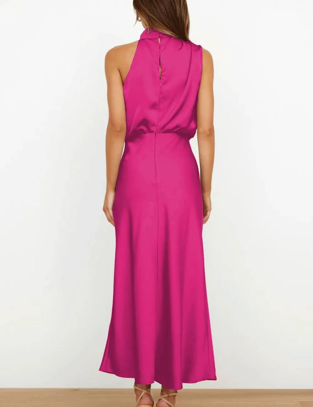 BZSFW Women's 2024 Summer Satin Dress Elegant Sleeveless Mock Neck Cocktail Party Maxi Dresses