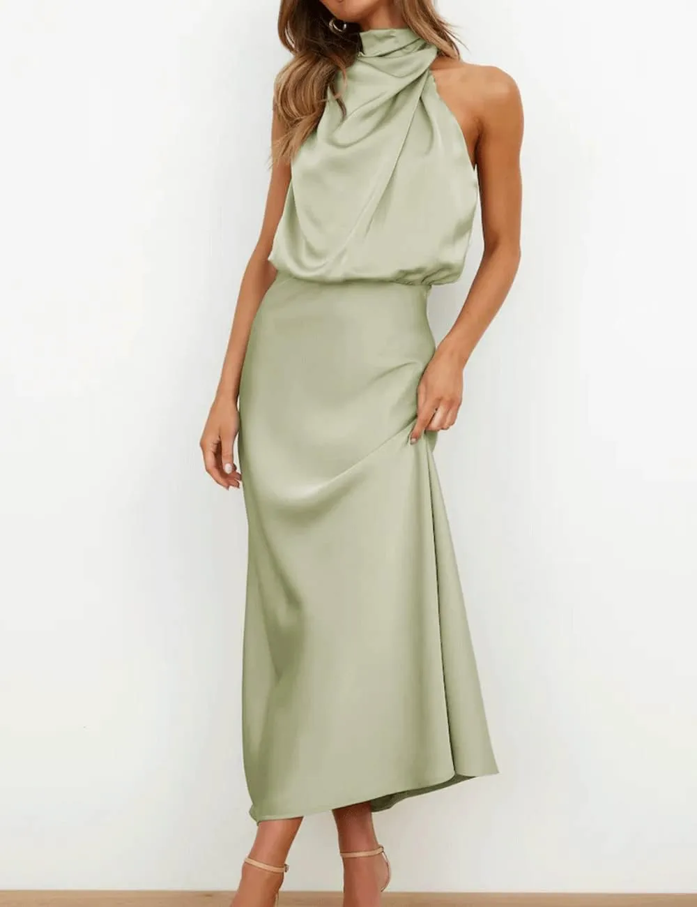 BZSFW Women's 2024 Summer Satin Dress Elegant Sleeveless Mock Neck Cocktail Party Maxi Dresses