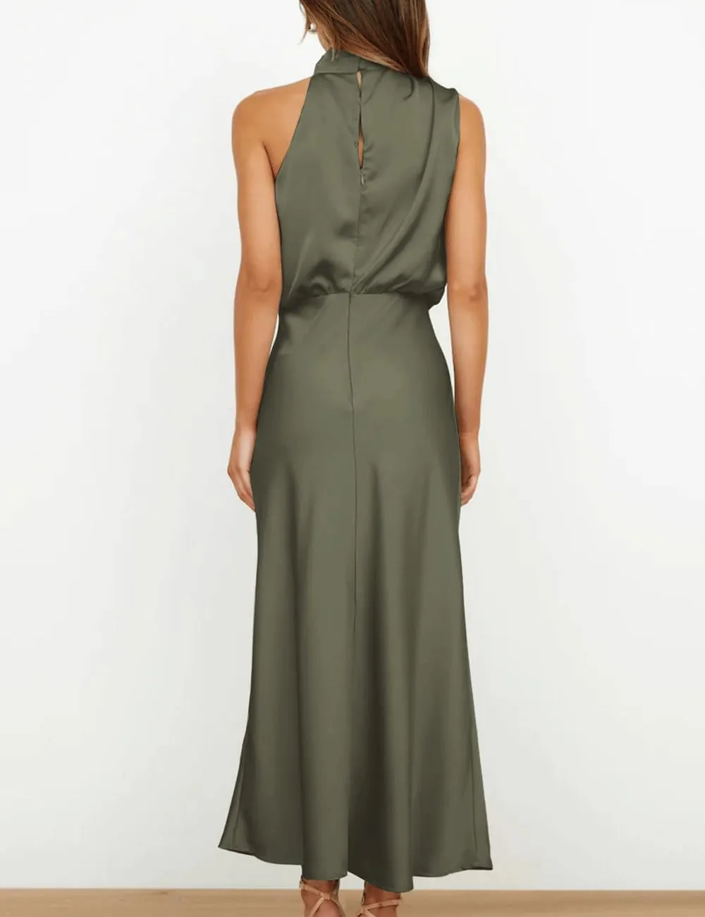 BZSFW Women's 2024 Summer Satin Dress Elegant Sleeveless Mock Neck Cocktail Party Maxi Dresses