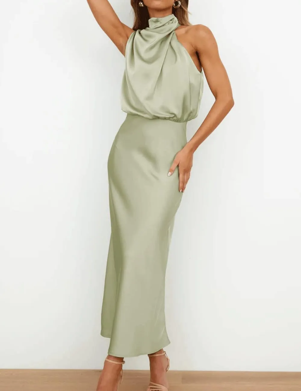 BZSFW Women's 2024 Summer Satin Dress Elegant Sleeveless Mock Neck Cocktail Party Maxi Dresses