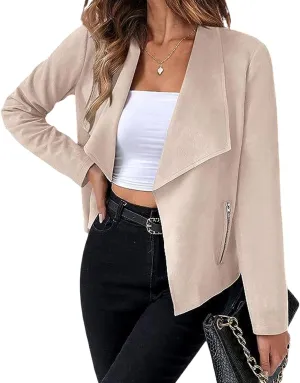 CHARTOU Women Faux Suede Cropped Jacket Moto Leather Jacket Lightweight Fall Jacket Open Front Short Coat
