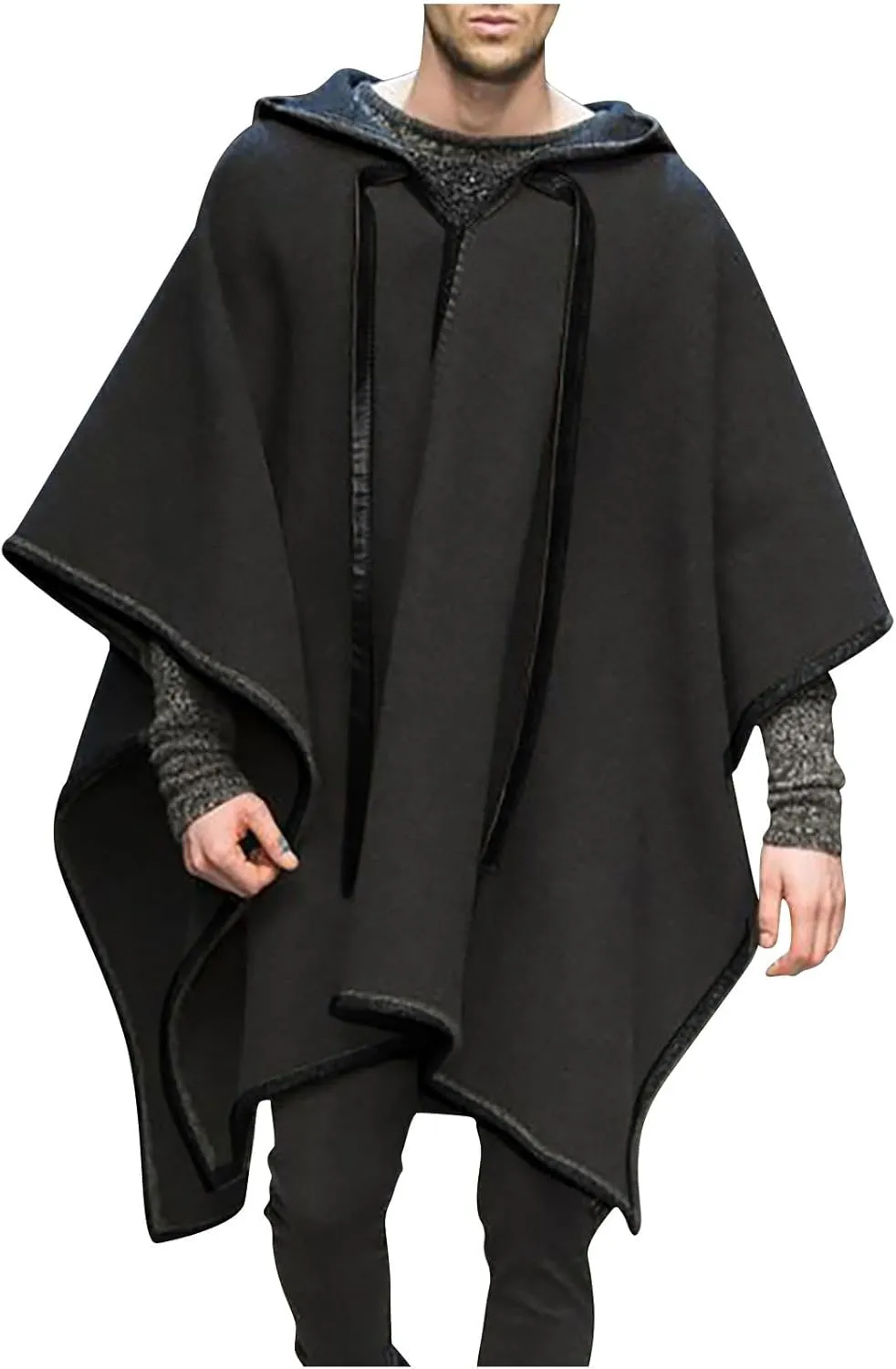 Cloak With Hood Men 2024 Fashion Casual Poncho-Cape Winter Warm Loose Pullover Top Solid Fuzzy Irregular Hem Hoodies