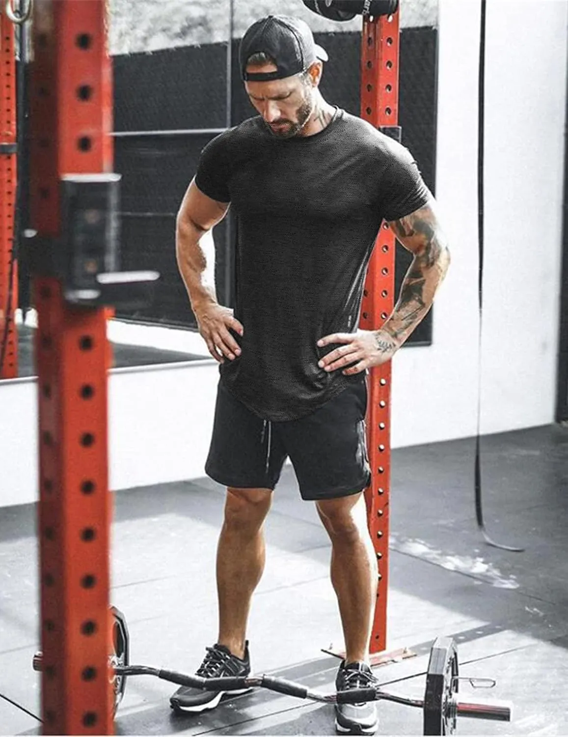 COOFANDY Men Muscle Workout T Shirt Gym Bodybuilding Active Short Sleeve Tee Top Black