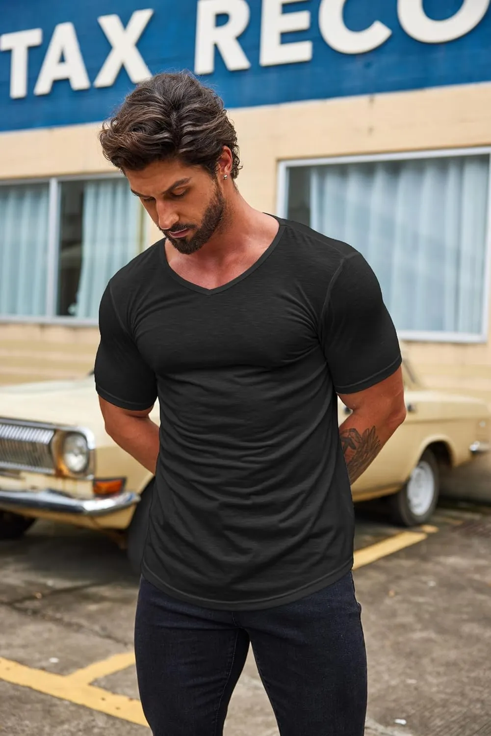 COOFANDY Mens 2 Pack Muscle V Neck T Shirt Fitted Gym Workout Short Sleeve Bodybuilding Tee