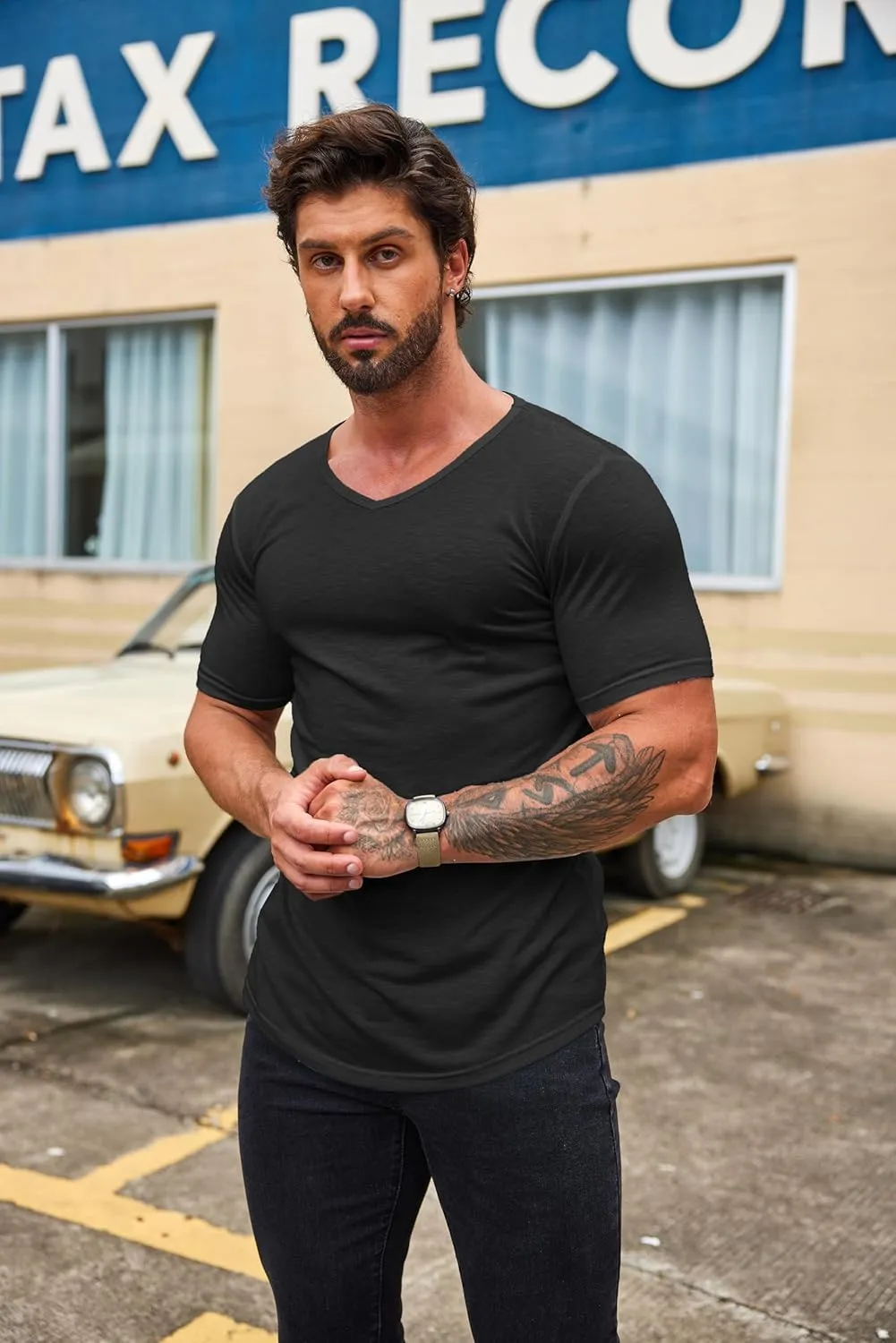 COOFANDY Mens 2 Pack Muscle V Neck T Shirt Fitted Gym Workout Short Sleeve Bodybuilding Tee