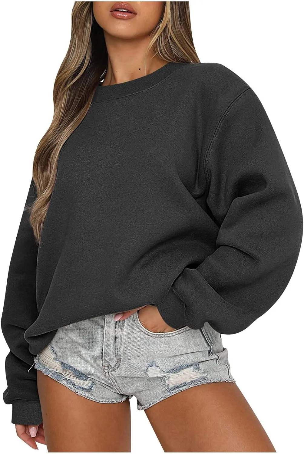 Crew Neck Sweatshirts for Women Casual Oversized Pullover Tops Loose Fit Solid Color Long Sleeve Fall Outfits 2023