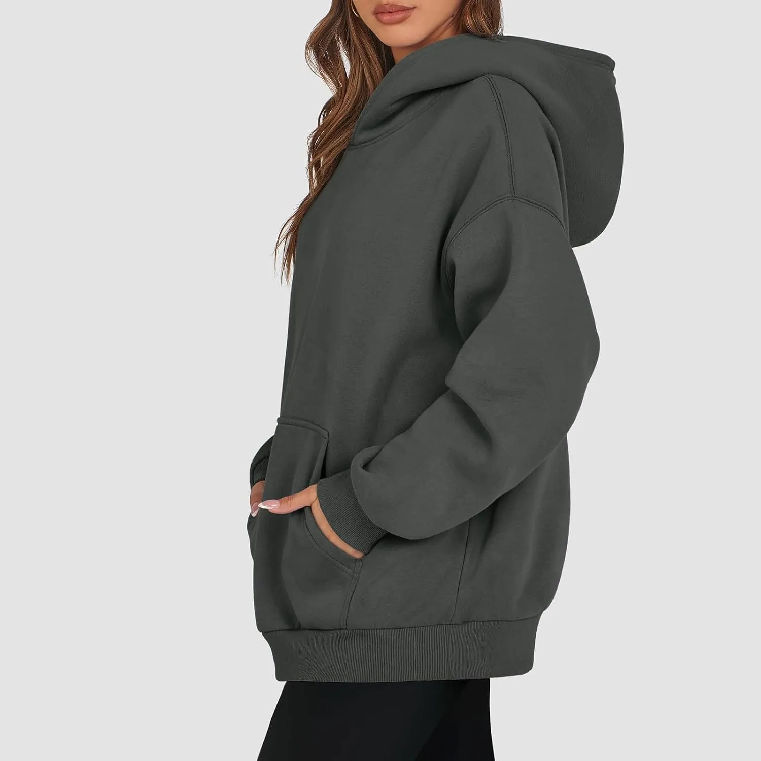 Crewneck Sweatshirts Women Drop Shoulder Fleece Lined Oversized Hoodie Thermal Long Sleeve Preppy Pullover Tops