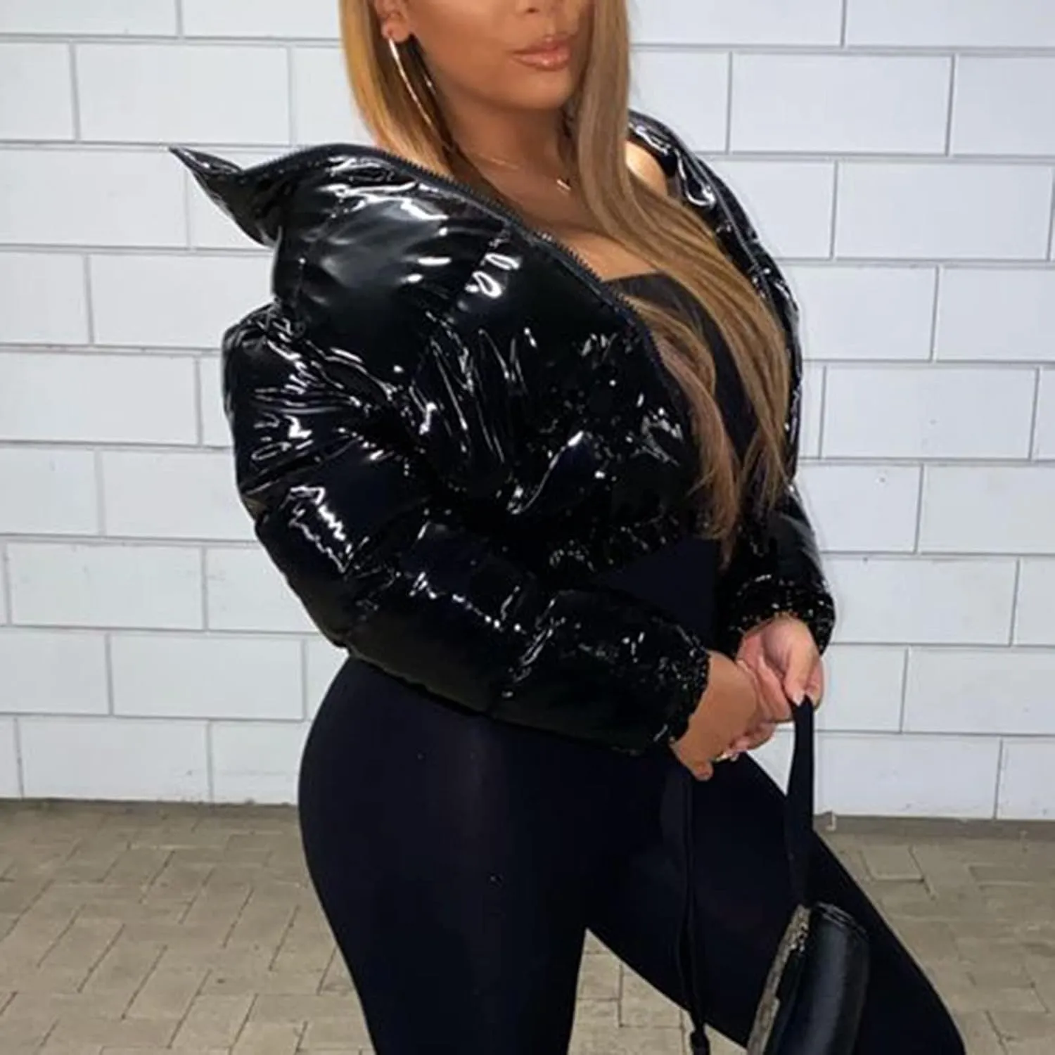 Cropped Puffer Coats Women Winter Zipper Shiny Short Quilted Jacket Fashion Stand Collar Warm Fluffy Padded Down Coat