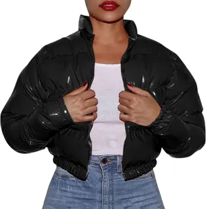 Cropped Puffer Coats Women Winter Zipper Shiny Short Quilted Jacket Fashion Stand Collar Warm Fluffy Padded Down Coat