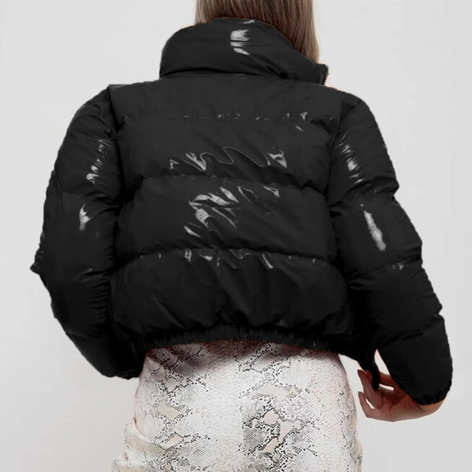 Cropped Puffer Coats Women Winter Zipper Shiny Short Quilted Jacket Fashion Stand Collar Warm Fluffy Padded Down Coat