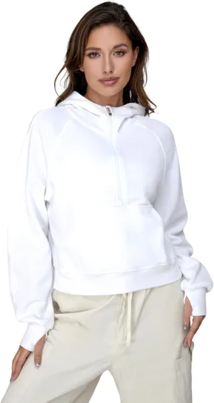 Cropped Quarter Zip Up Hoodie Women Pullover Sweater White Black Grey Fleece Thumb Hole Short Crop Sweatshirt