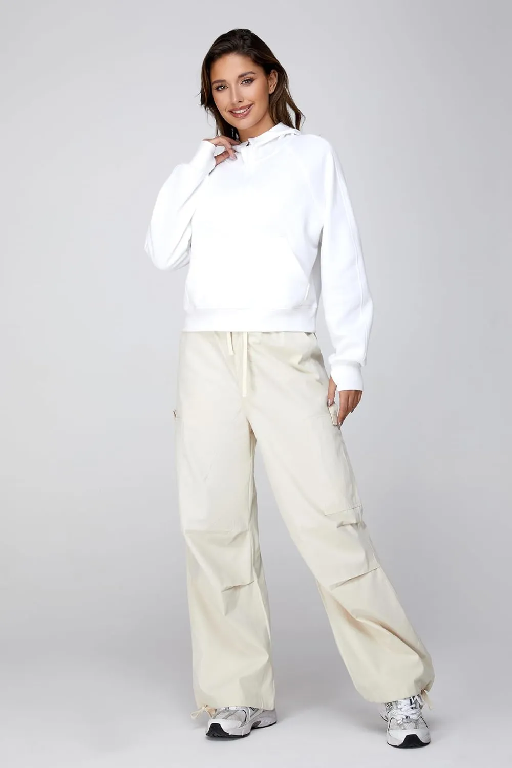 Cropped Quarter Zip Up Hoodie Women Pullover Sweater White Black Grey Fleece Thumb Hole Short Crop Sweatshirt