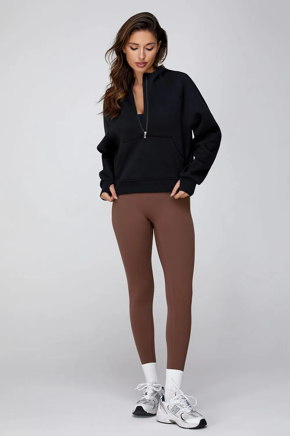 Cropped Quarter Zip Up Hoodie Women Pullover Sweater White Black Grey Fleece Thumb Hole Short Crop Sweatshirt