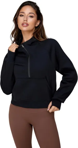 Cropped Quarter Zip Up Hoodie Women Pullover Sweater White Black Grey Fleece Thumb Hole Short Crop Sweatshirt