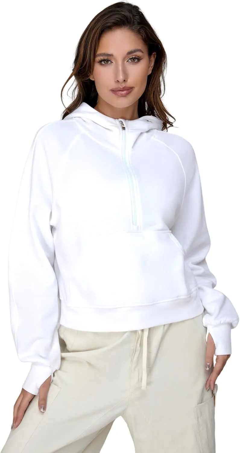 Cropped Quarter Zip Up Hoodie Women Pullover Sweater White Black Grey Fleece Thumb Hole Short Crop Sweatshirt