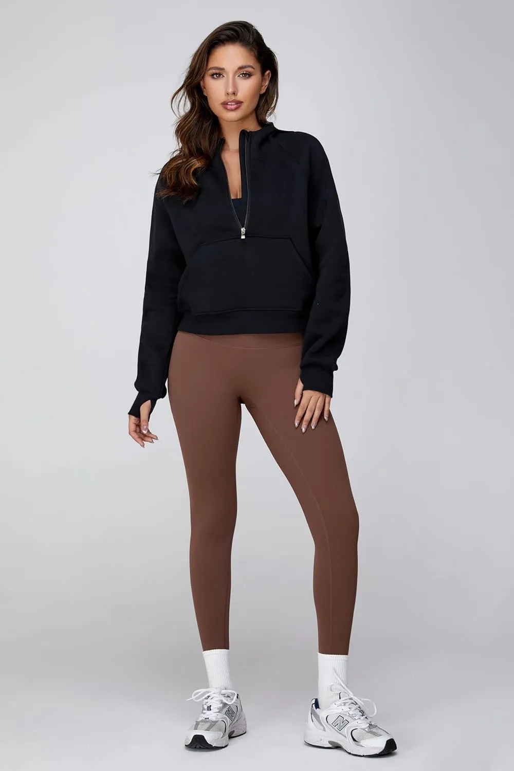 Cropped Quarter Zip Up Hoodie Women Pullover Sweater White Black Grey Fleece Thumb Hole Short Crop Sweatshirt