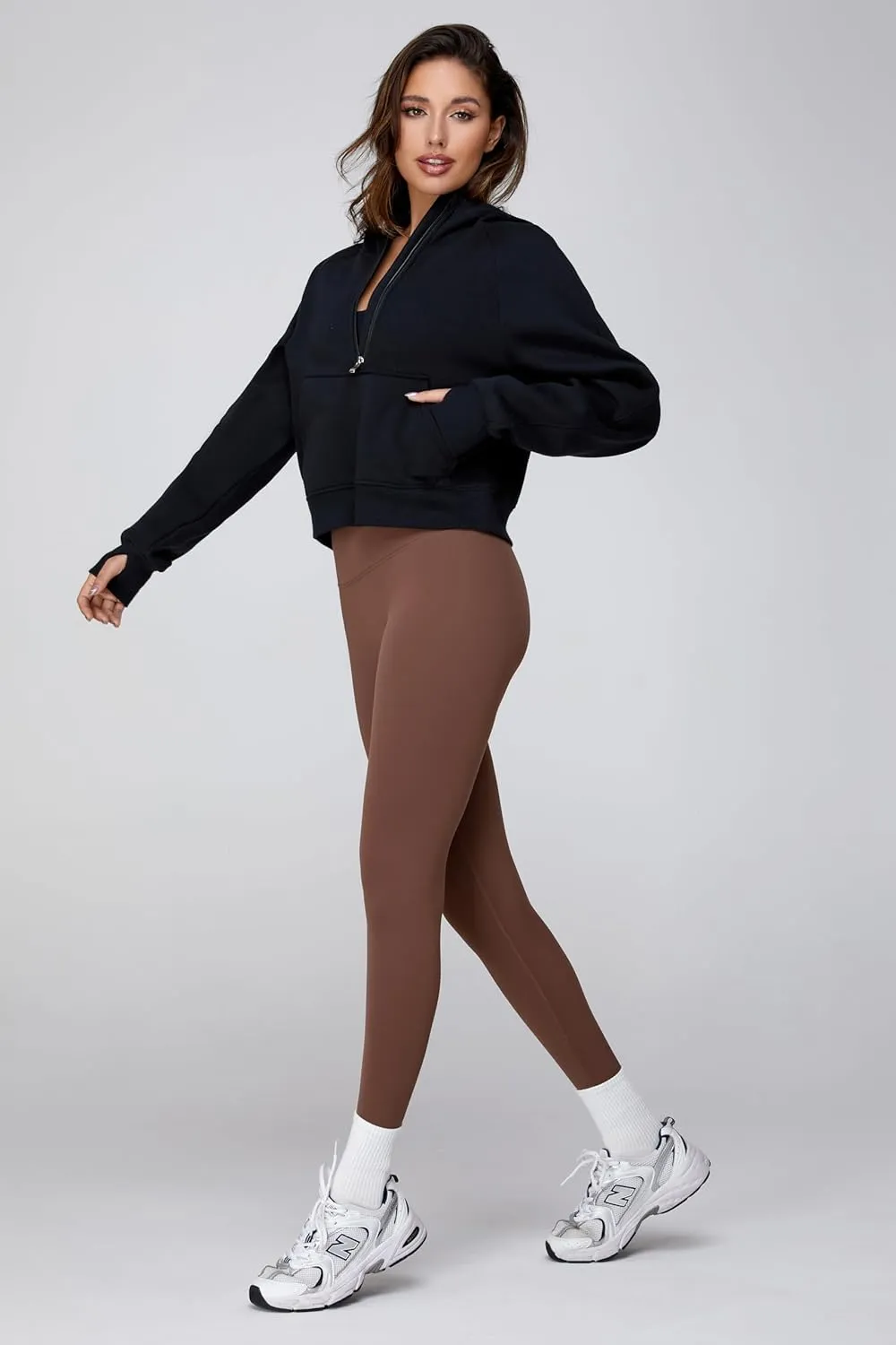 Cropped Quarter Zip Up Hoodie Women Pullover Sweater White Black Grey Fleece Thumb Hole Short Crop Sweatshirt