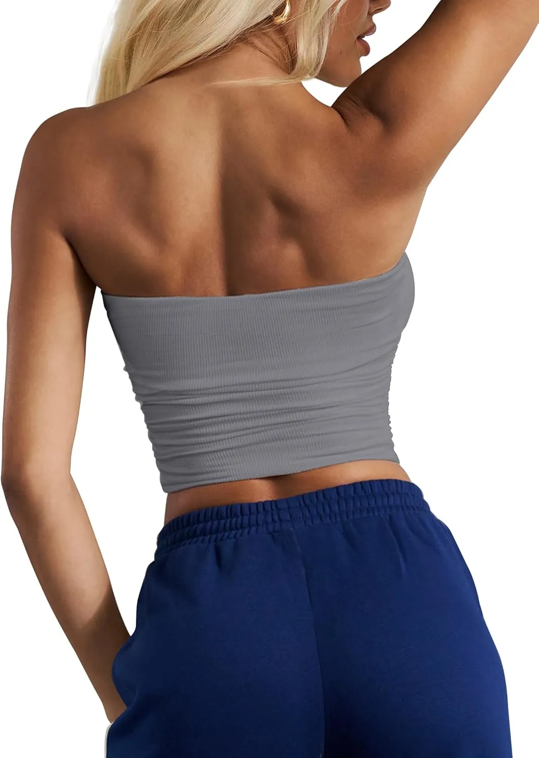 CSDAJIO Women's Casual Ruched Side Strapless Crop Tube Top Ribbed Knit Bandeau Top Summer Skinny Shirt