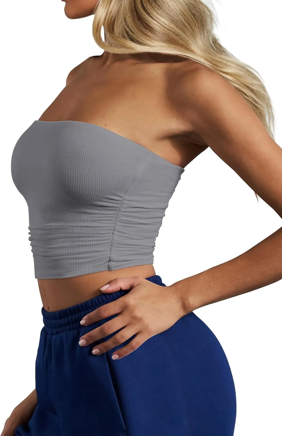 CSDAJIO Women's Casual Ruched Side Strapless Crop Tube Top Ribbed Knit Bandeau Top Summer Skinny Shirt
