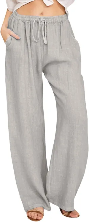 Cute Summer Pants For Women 2024 High Waist Business Pants Linen Wide Leg Sweatpants Palazzo Trouser with Pocket