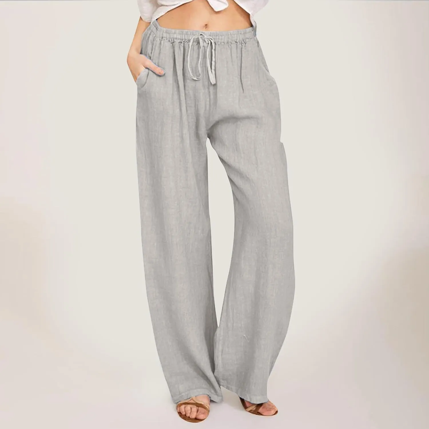 Cute Summer Pants For Women 2024 High Waist Business Pants Linen Wide Leg Sweatpants Palazzo Trouser with Pocket