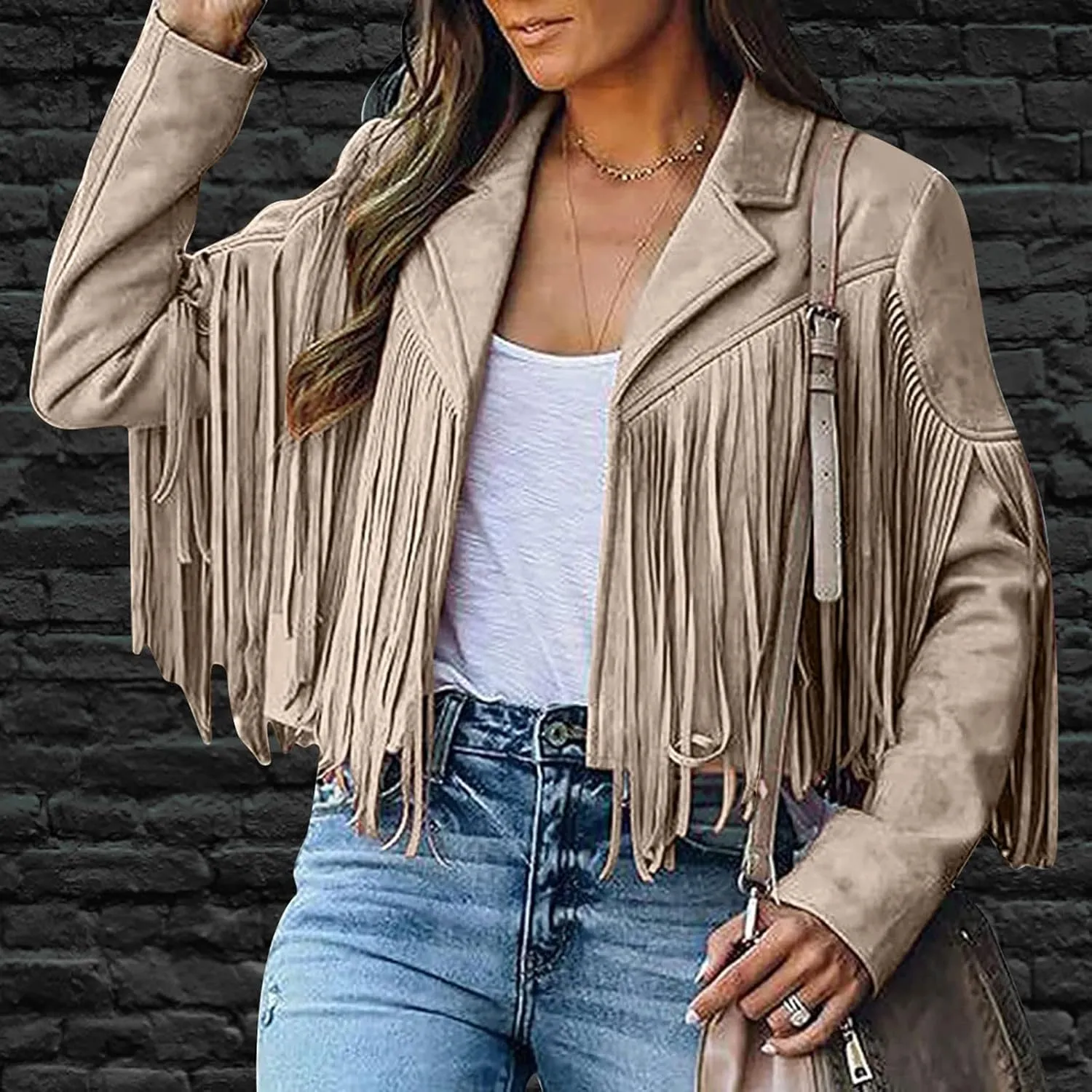 DASAYO Women's Casual Leather Fringed Jacket Long Sleeve Faux Leather PU Coat Cowboy Style Notch Lapel Tassel Outwear