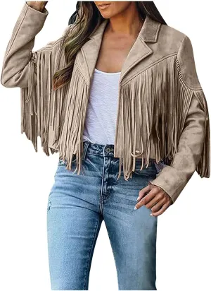 DASAYO Women's Casual Leather Fringed Jacket Long Sleeve Faux Leather PU Coat Cowboy Style Notch Lapel Tassel Outwear