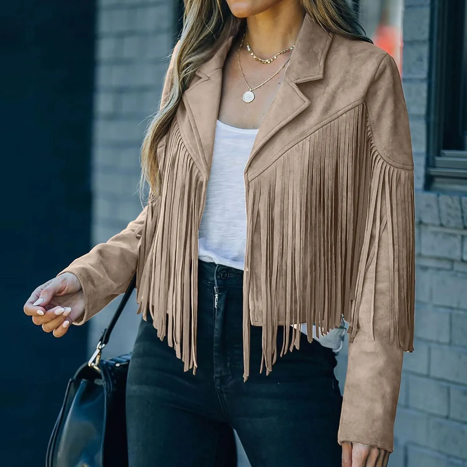 DASAYO Women's Casual Leather Fringed Jacket Long Sleeve Faux Leather PU Coat Cowboy Style Notch Lapel Tassel Outwear