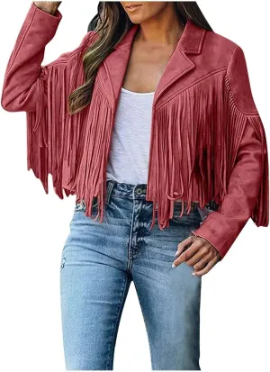 DASAYO Women's Casual Leather Fringed Jacket Long Sleeve Faux Leather PU Coat Cowboy Style Notch Lapel Tassel Outwear