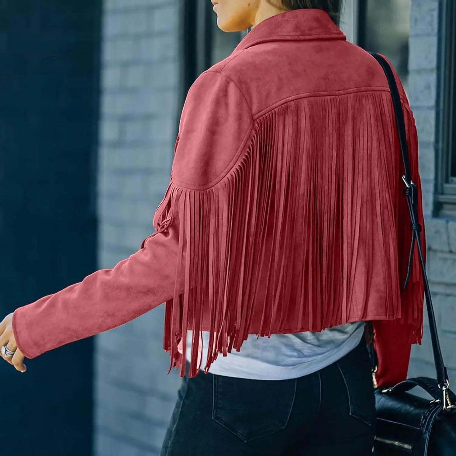 DASAYO Women's Casual Leather Fringed Jacket Long Sleeve Faux Leather PU Coat Cowboy Style Notch Lapel Tassel Outwear