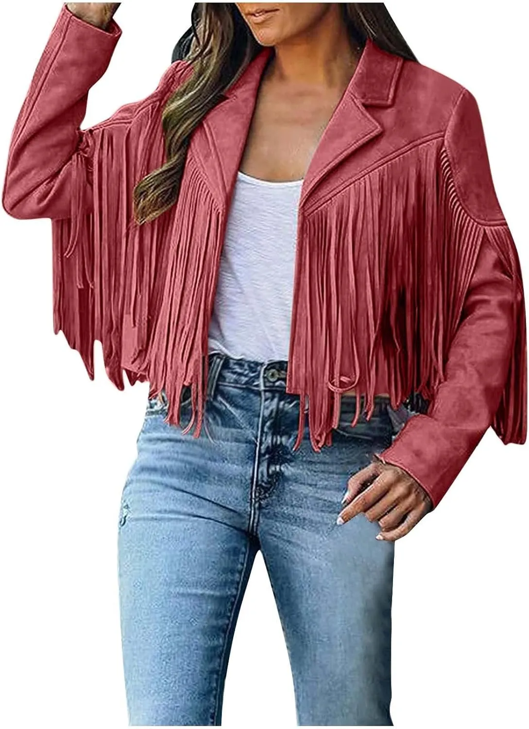 DASAYO Women's Casual Leather Fringed Jacket Long Sleeve Faux Leather PU Coat Cowboy Style Notch Lapel Tassel Outwear