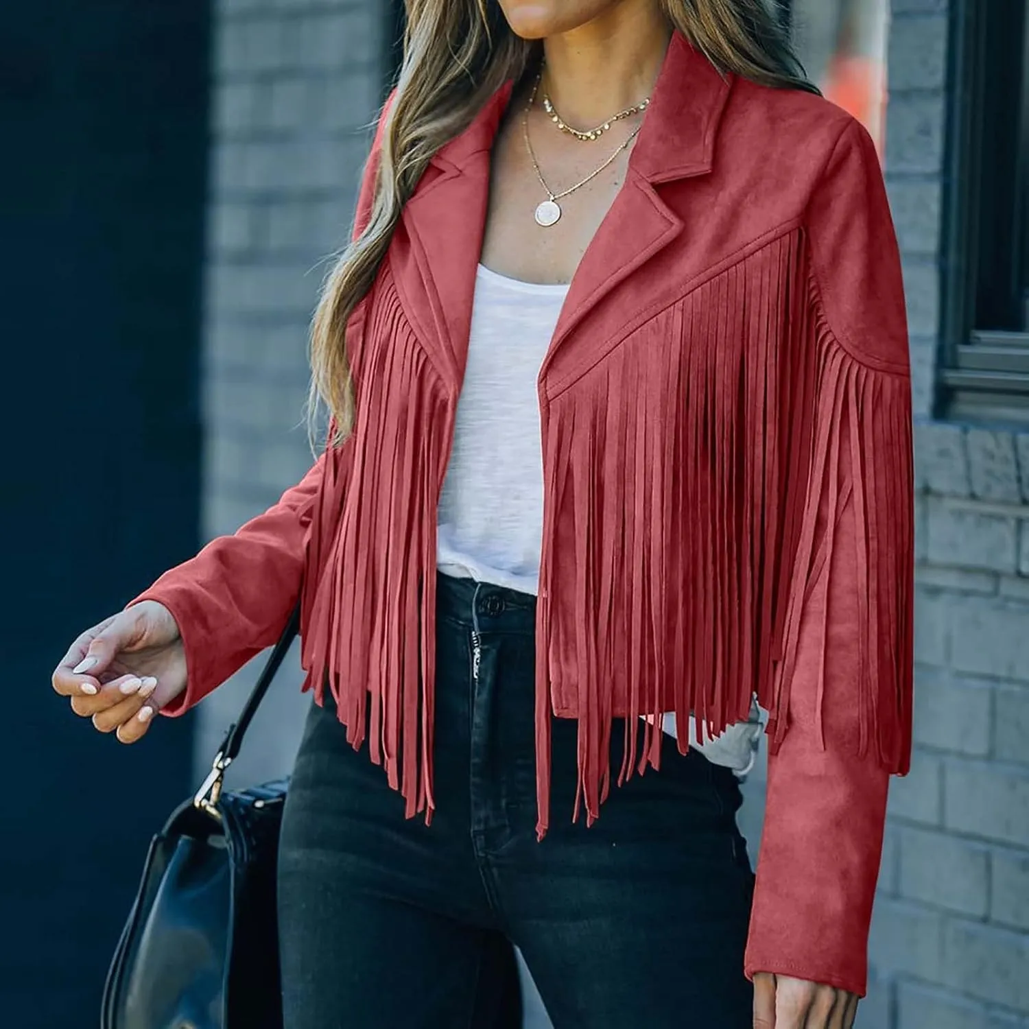 DASAYO Women's Casual Leather Fringed Jacket Long Sleeve Faux Leather PU Coat Cowboy Style Notch Lapel Tassel Outwear