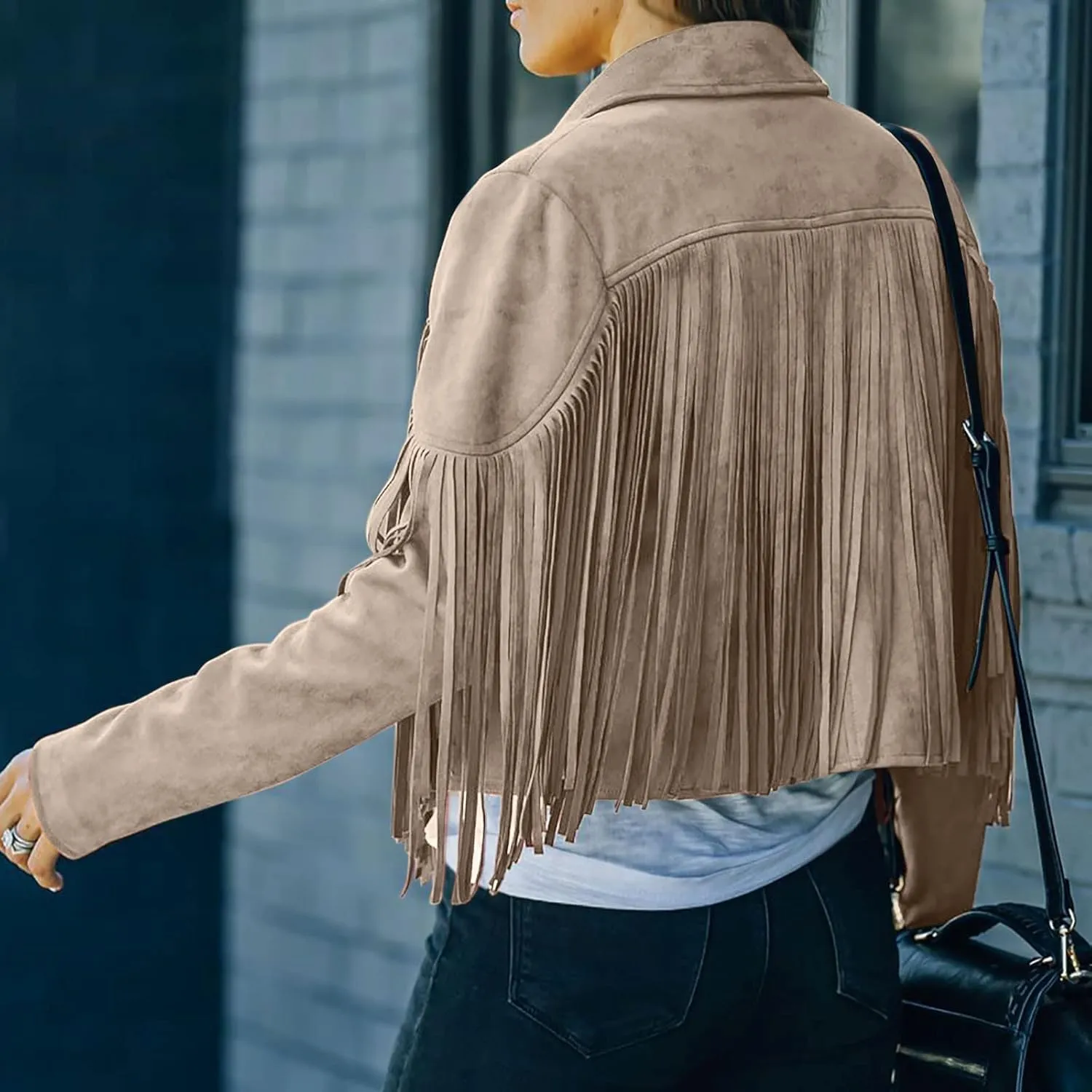 DASAYO Women's Casual Leather Fringed Jacket Long Sleeve Faux Leather PU Coat Cowboy Style Notch Lapel Tassel Outwear