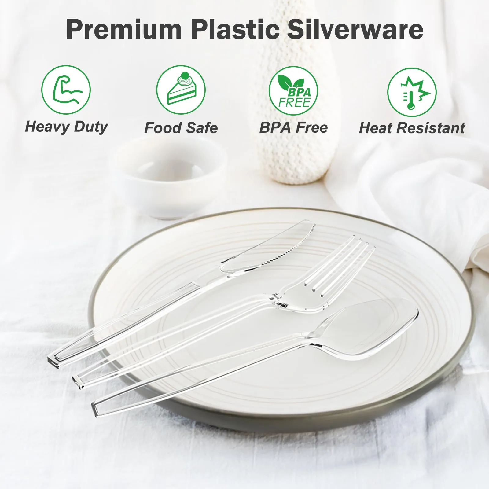 Dealusy 360 Count Extra Heavy Duty Clear Plastic Silverware, 150 Forks, 150 Spoons, 60 Knives, BPA-Free, Heat Resistant, Disposable Plastic Utensils Set, Plastic Cutlery Set, Plasticware Bulk