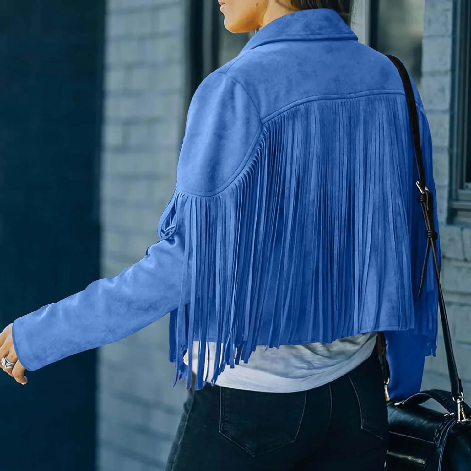DESKABLY Women Fashion Cropped Tassel Fringe Faux Suede Leather Jacket Fall Winter Long Sleeve Lapel Neck Moto Coat Outwear
