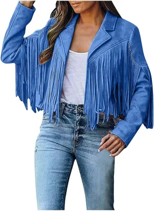DESKABLY Women Fashion Cropped Tassel Fringe Faux Suede Leather Jacket Fall Winter Long Sleeve Lapel Neck Moto Coat Outwear