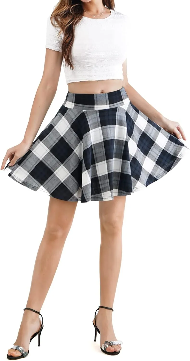 DJT Women Plaid Skirts Soft Stretchy High Waist Flared A-Line Mini Skater Skirt with Shorts