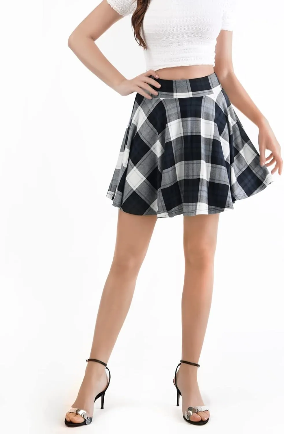 DJT Women Plaid Skirts Soft Stretchy High Waist Flared A-Line Mini Skater Skirt with Shorts