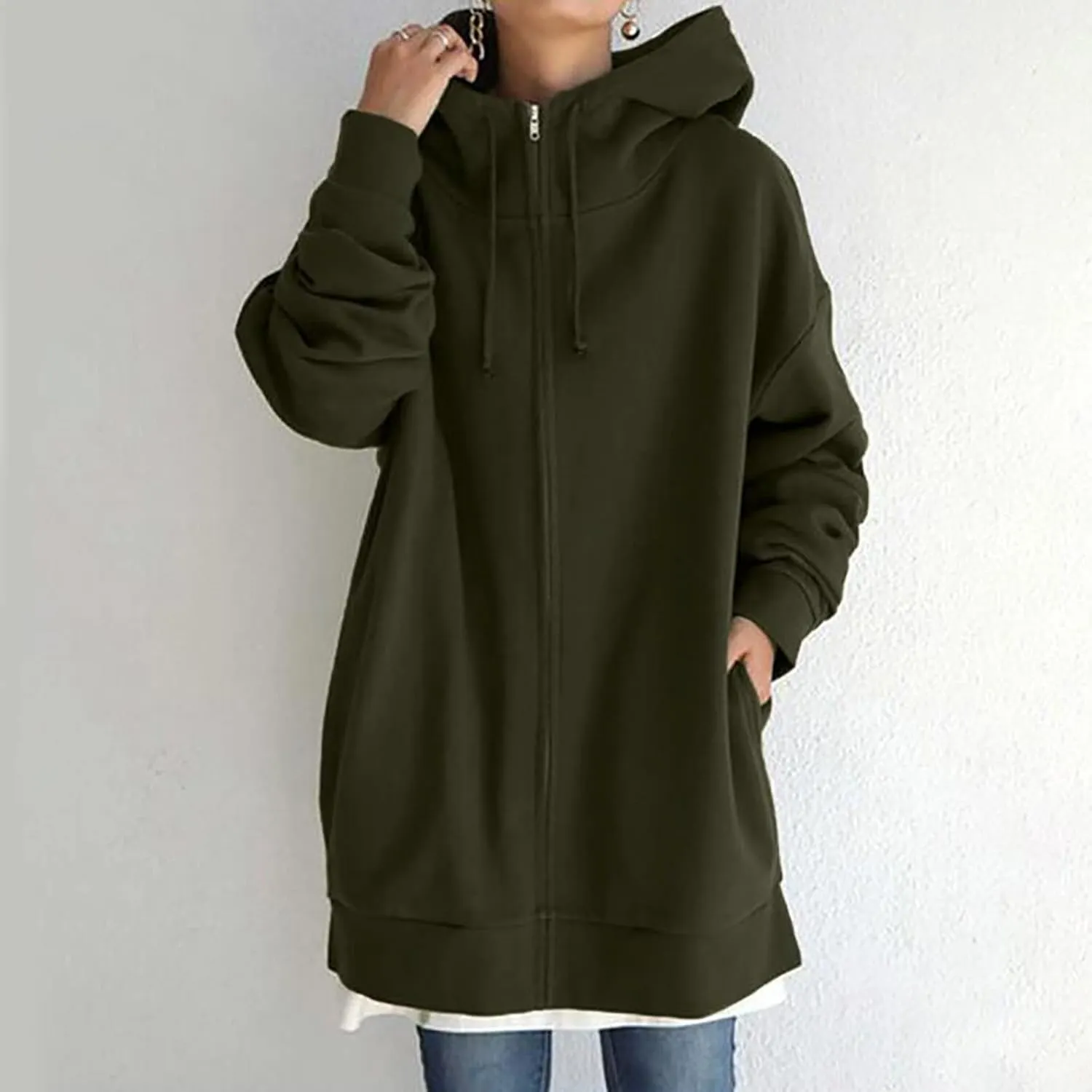 DOLKFU Womens Drawstring Long Hoodie Dress Zip Up Pullover Hooded Sweatshirts Casual Clothes Oversized Y2K Winter Tops