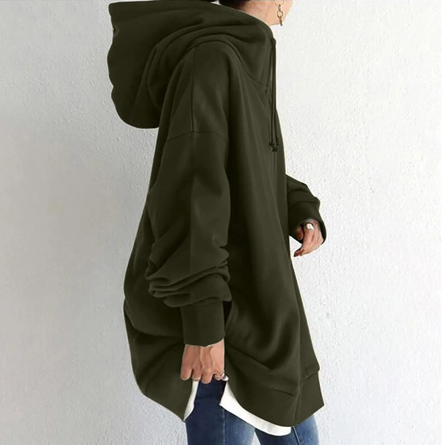 DOLKFU Womens Drawstring Long Hoodie Dress Zip Up Pullover Hooded Sweatshirts Casual Clothes Oversized Y2K Winter Tops