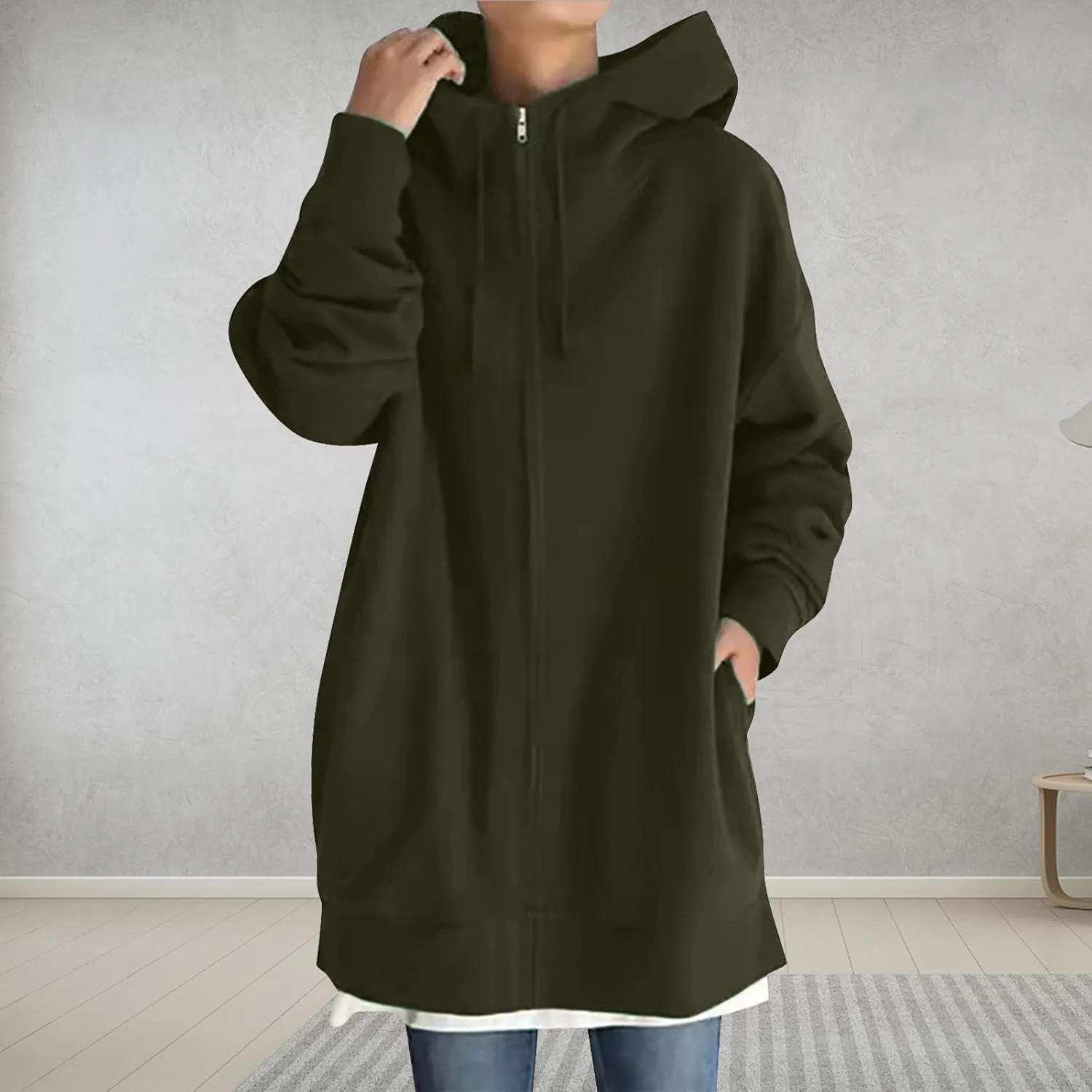 DOLKFU Womens Drawstring Long Hoodie Dress Zip Up Pullover Hooded Sweatshirts Casual Clothes Oversized Y2K Winter Tops