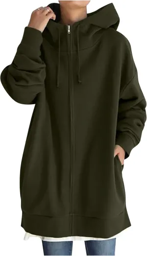 DOLKFU Womens Drawstring Long Hoodie Dress Zip Up Pullover Hooded Sweatshirts Casual Clothes Oversized Y2K Winter Tops