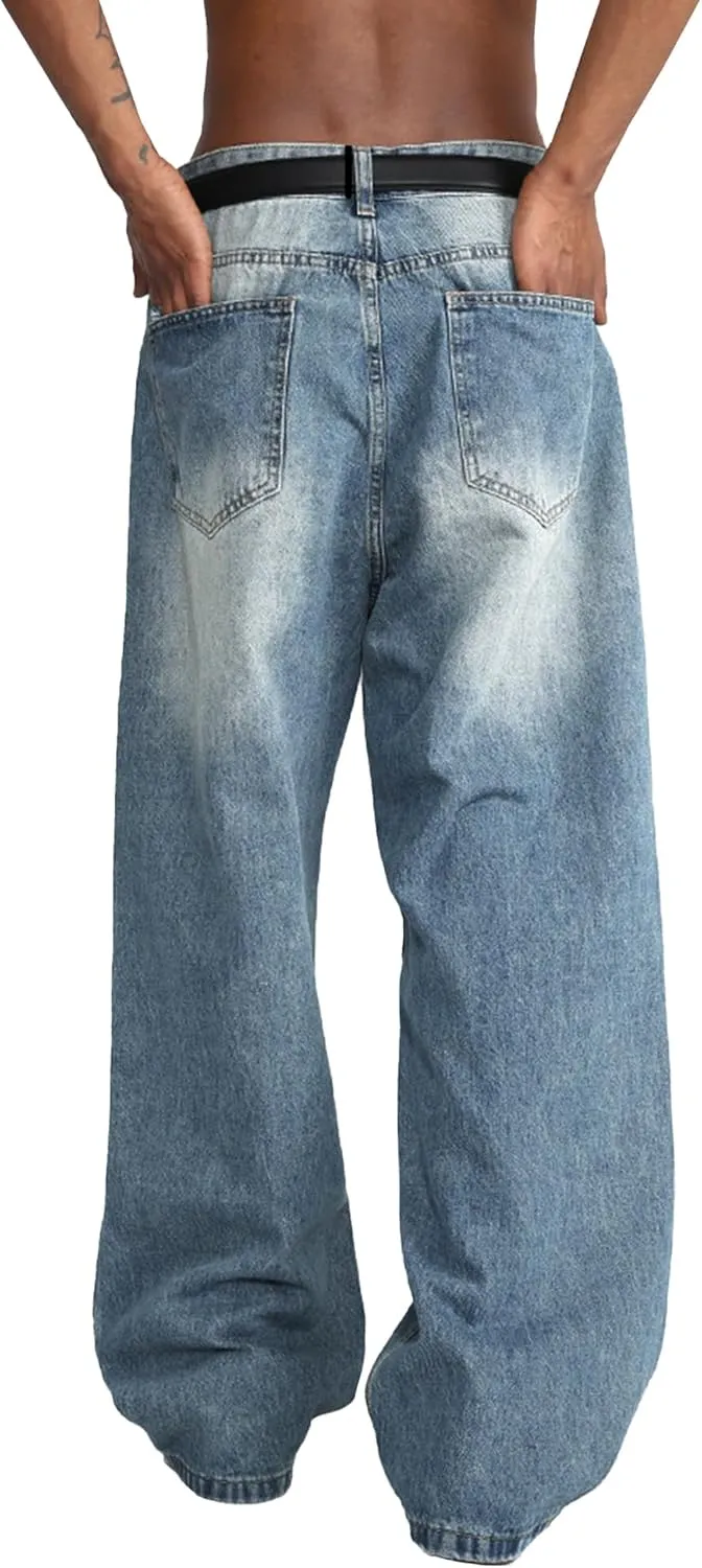 EMMIOL Men's Jeans Baggy Pants Y2K Hip Hop Jeans Casual Solid Jeans Loose Fit 90s Vintage Cargo Denim Pants