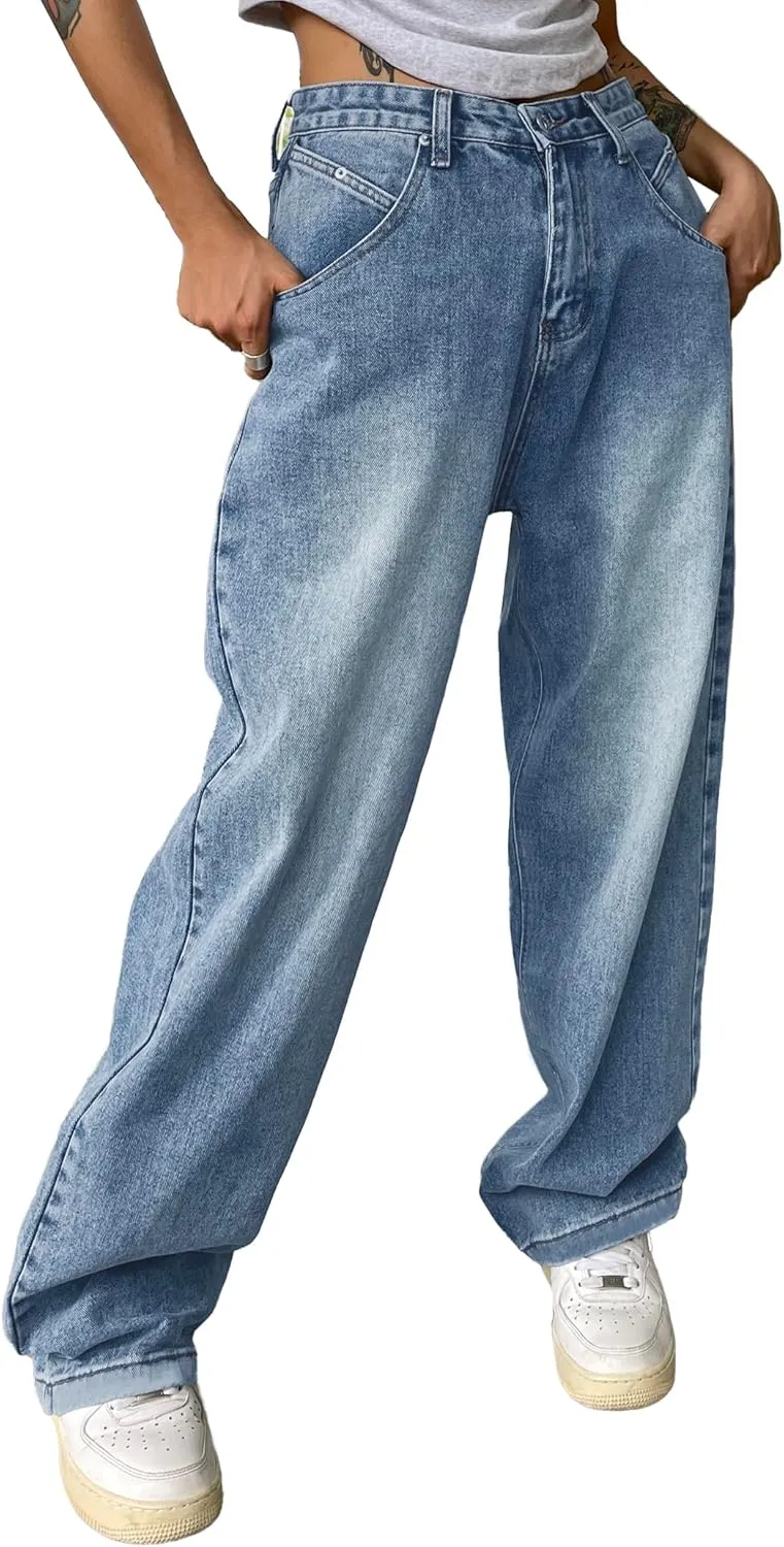EMMIOL Women Baggy Jeans Wide Leg Mid-Low Waist Jeans Loose Boyfriends Jeans 90s Denim Pants with Pockets