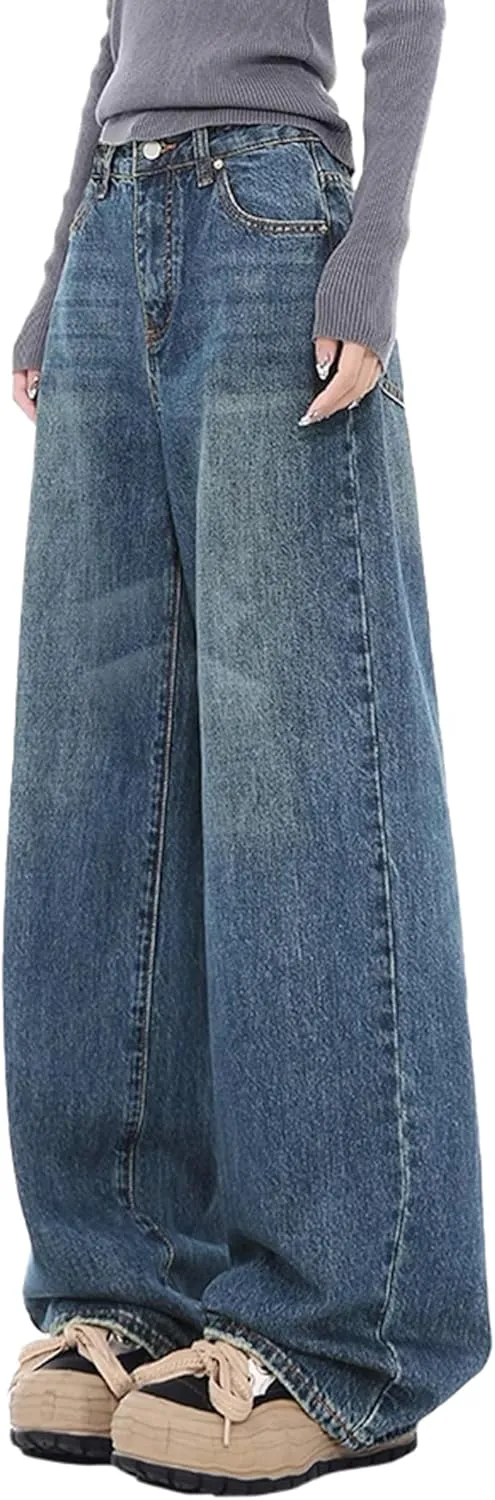 EMMIOL Women Baggy Jeans Wide Leg Mid-Low Waist Jeans Loose Boyfriends Jeans 90s Denim Pants with Pockets